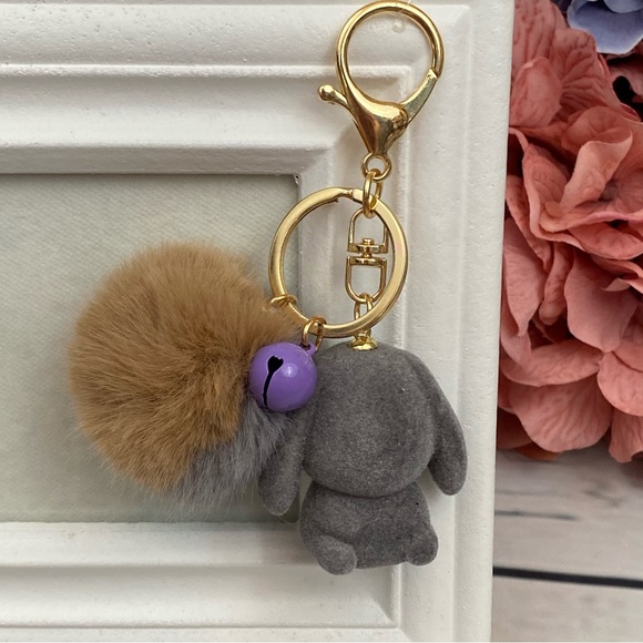 Gray Felt Bunny Rabbit Charm with Gray Pom Pom Keychain - Picture 3 of 11